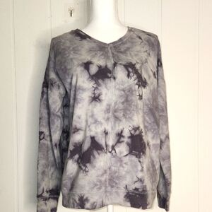 Gray Tie-Dye V-neck Long Sleeve Grunge Style Lightweight Pullover Sweatshirt